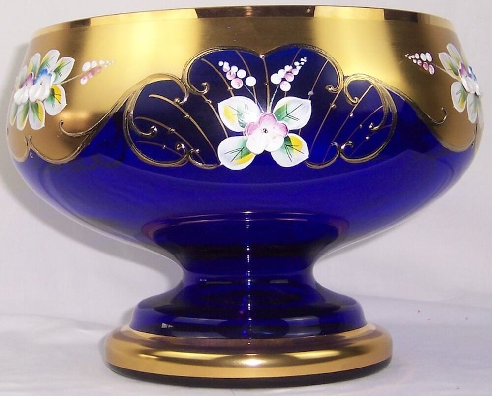 Vintage Bohemian Cobalt Blue Glass Centerpiece Bowl High Enamel Gold Czech 10 In